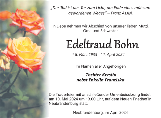 Traueranzeige von Edeltraud Bohn von Nordkurier Neubrandenburger Zeitung