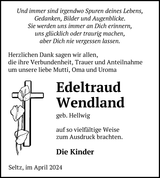 Traueranzeige von Edeltraud Wendland von Nordkurier Neubrandenburger Zeitung