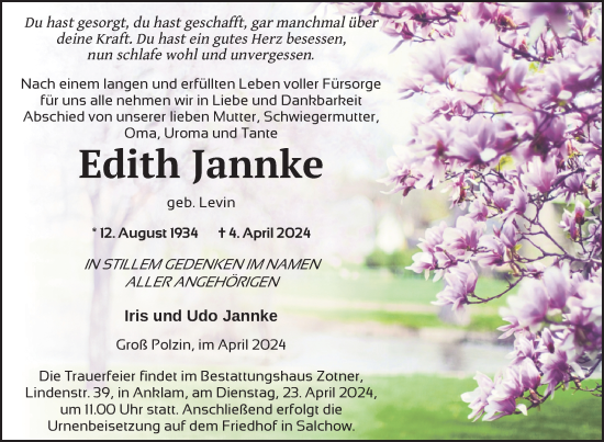 Traueranzeige von Edith Jannke von Nordkurier Vorpommern Kurier