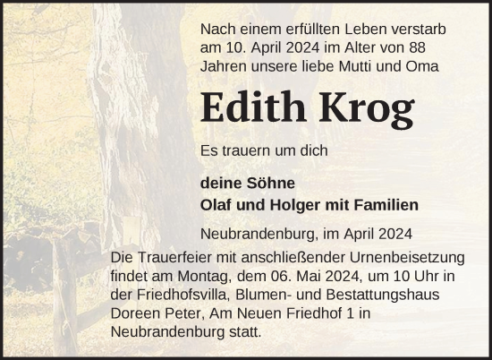 Traueranzeige von Edith Krog von Nordkurier Neubrandenburger Zeitung