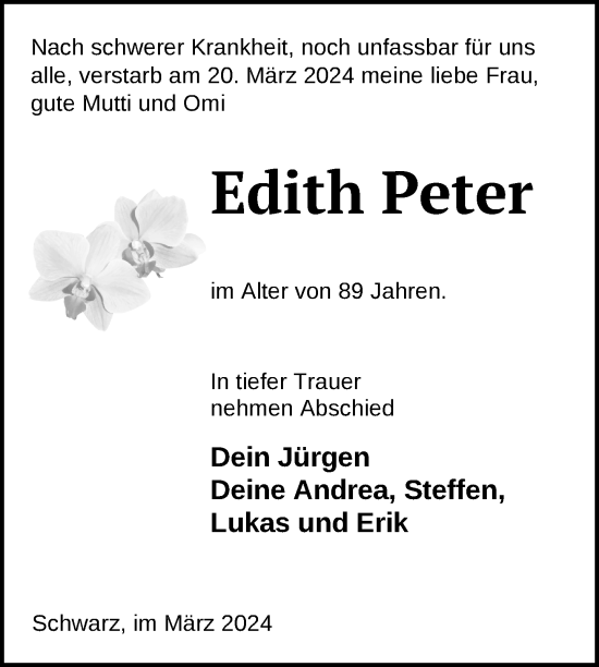 Traueranzeige von Edith Peter von Nordkurier Strelitzer Zeitung