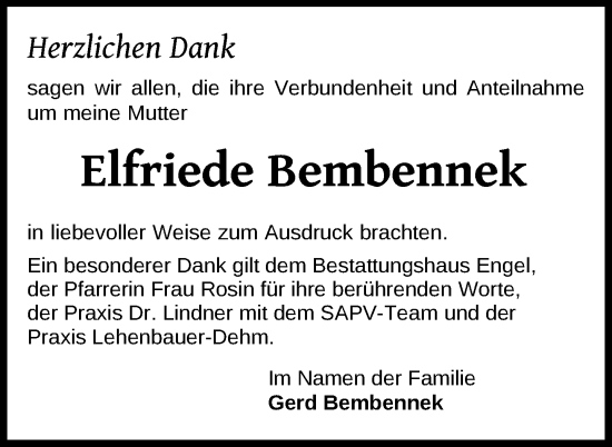 Traueranzeige von Elfriede Bembennek von Uckermark Kurier Templiner Zeitung