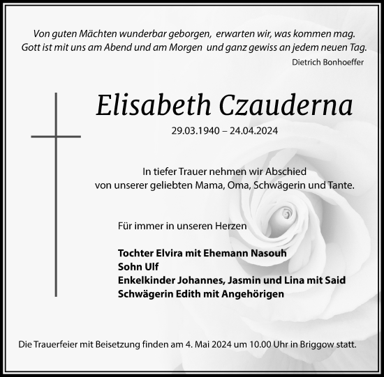 Traueranzeige von Elisabeth Czauderna von Nordkurier Mecklenburger Schweiz