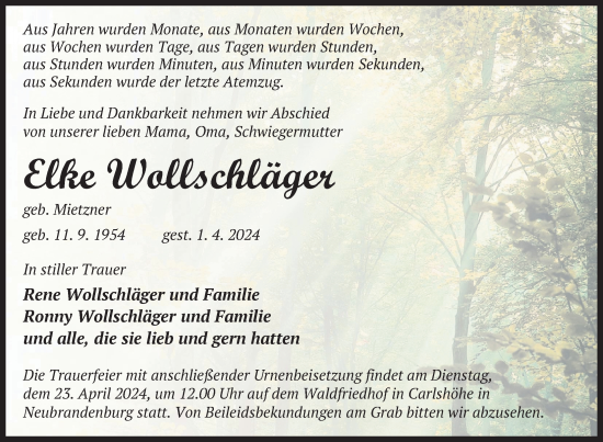 Traueranzeige von Elke Wollschläger von Nordkurier Neubrandenburger Zeitung