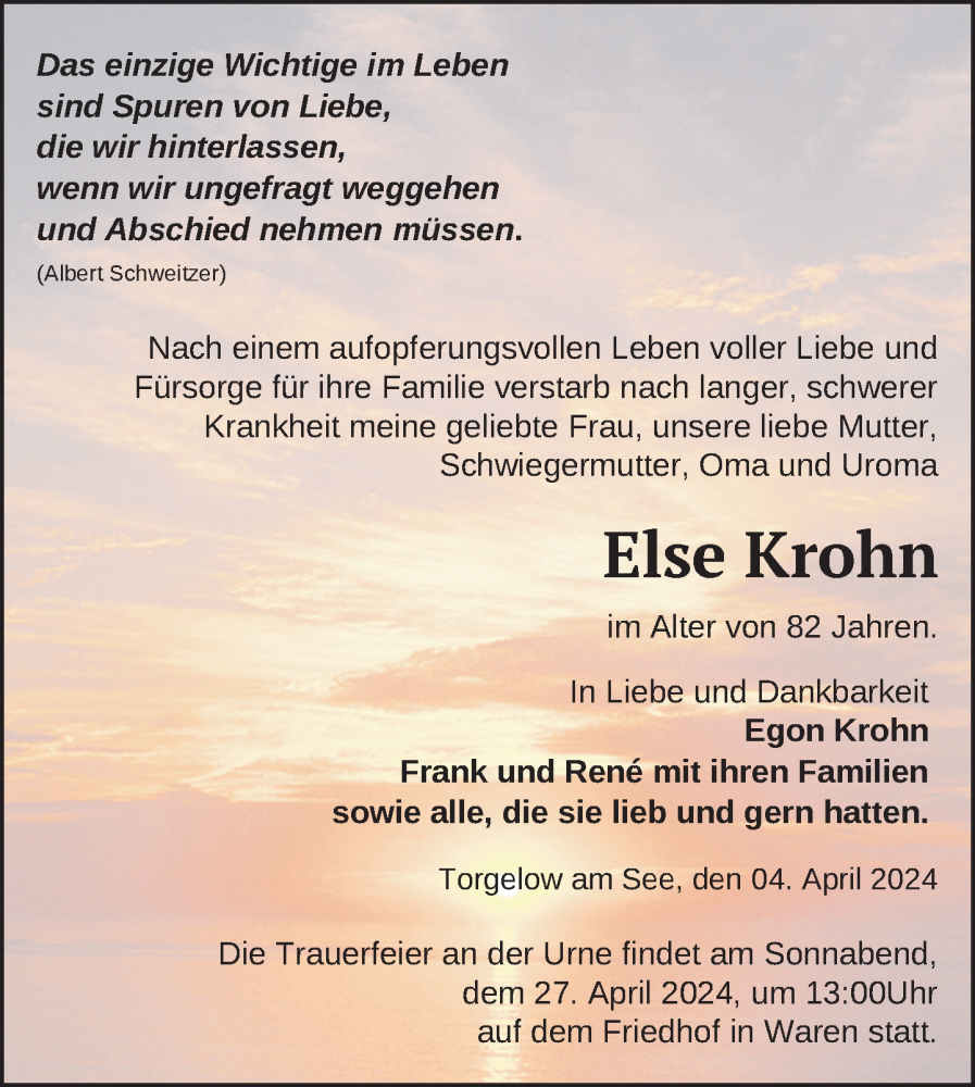  Traueranzeige für Else Krohn vom 19.04.2024 aus Nordkurier Müritz-Zeitung