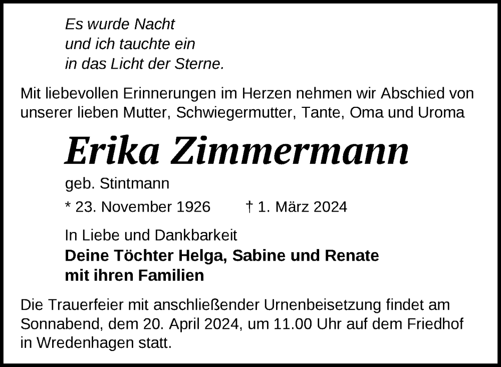  Traueranzeige für Erika Zimmermann vom 06.04.2024 aus Nordkurier Müritz-Zeitung