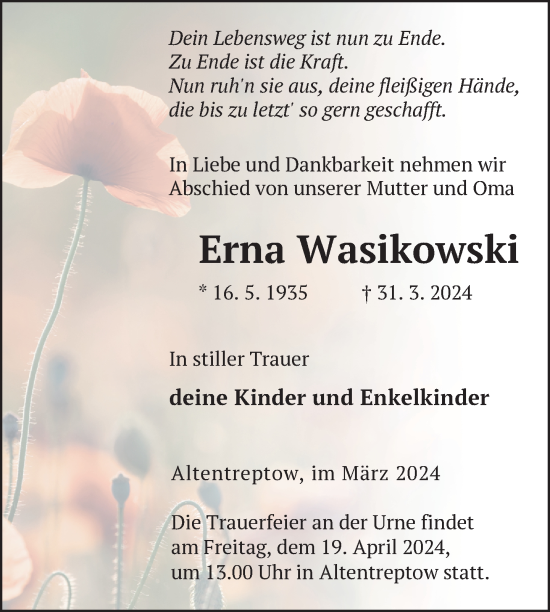 Traueranzeige von Erna Wasikowski von Nordkurier Neubrandenburger Zeitung