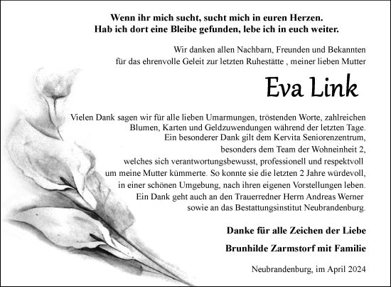 Traueranzeige von Eva Link von Nordkurier Neubrandenburger Zeitung