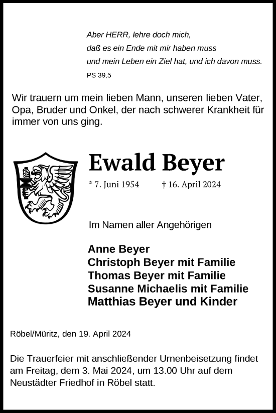 Traueranzeige von Ewald Beyer von Nordkurier Müritz-Zeitung