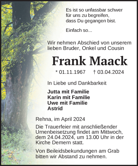 Traueranzeige von Frank Maack 