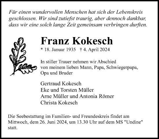 Traueranzeige von Franz Kokesch 