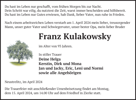 Traueranzeige von Franz Kulakowsky von Nordkurier Strelitzer Zeitung