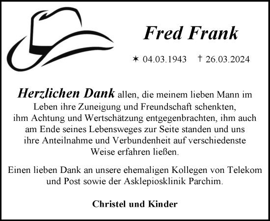 Traueranzeige von Fred Frank 