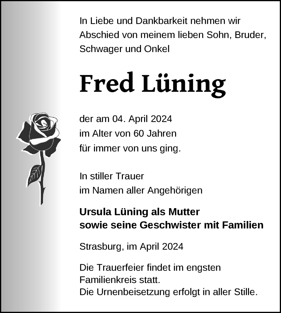  Traueranzeige für Fred Lüning vom 13.04.2024 aus Nordkurier Pasewalker Zeitung