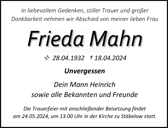Traueranzeige von Frieda Mahn 
