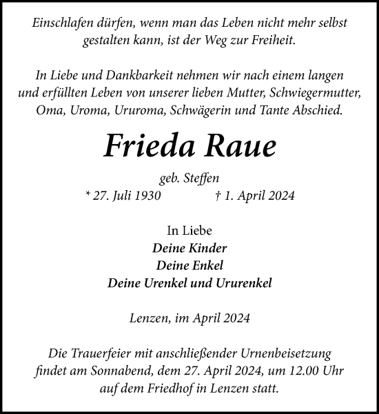 Traueranzeige von Frieda Raue 