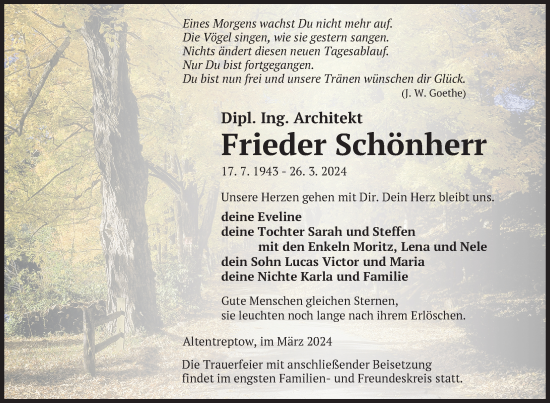 Traueranzeige von Frieder Schönherr von Nordkurier Neubrandenburger Zeitung