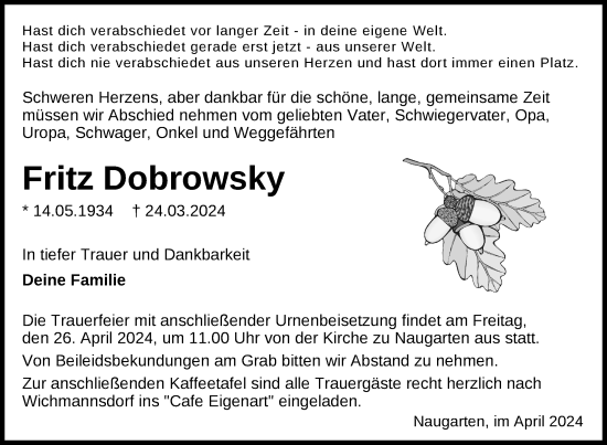 Traueranzeige von Fritz Dobrowsky von Uckermark Kurier Prenzlauer Zeitung