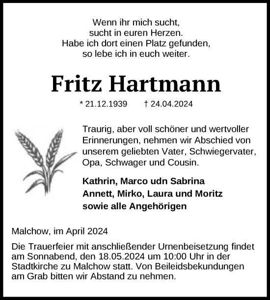 Traueranzeige von Fritz Hartmann von Nordkurier Müritz-Zeitung
