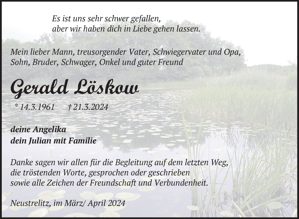  Traueranzeige für Gerald Löskow vom 12.04.2024 aus Nordkurier Strelitzer Zeitung