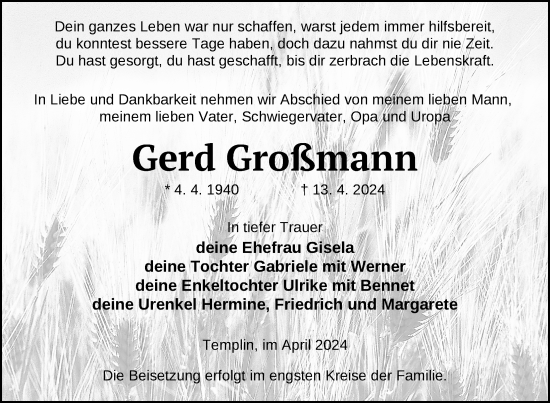 Traueranzeige von Gerd Großmann von Uckermark Kurier Templiner Zeitung