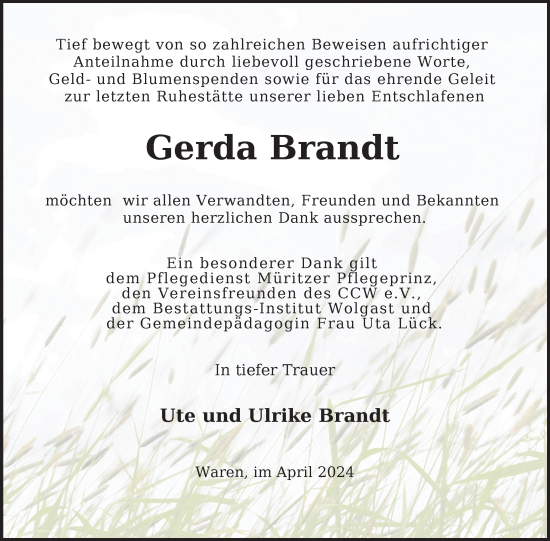 Traueranzeige von Gerda Brandt von Nordkurier Müritz-Zeitung