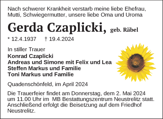 Traueranzeige von Gerda Czaplicki von Nordkurier Strelitzer Zeitung