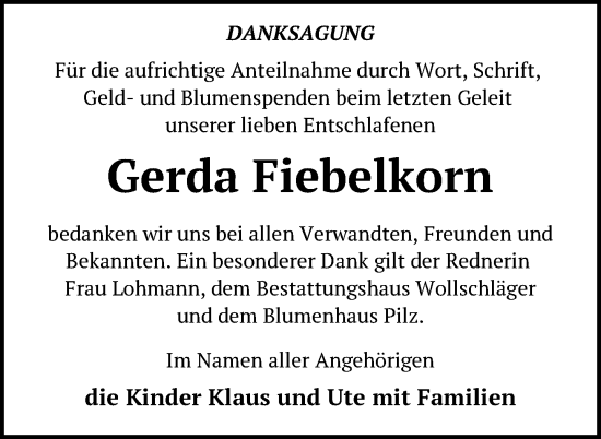 Traueranzeige von Gerda Fiebelkorn von Uckermark Kurier Templiner Zeitung