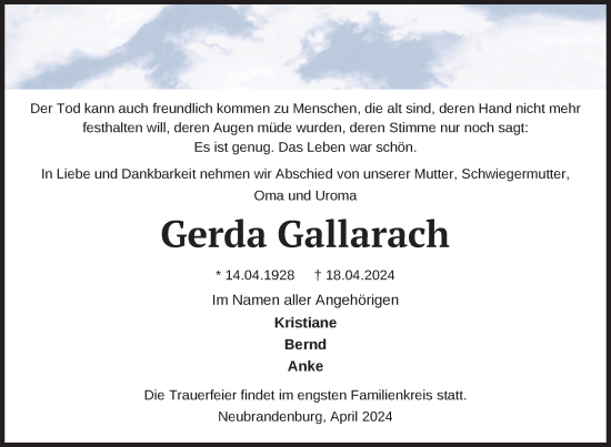Traueranzeige von Gerda Gallarach von Nordkurier Neubrandenburger Zeitung