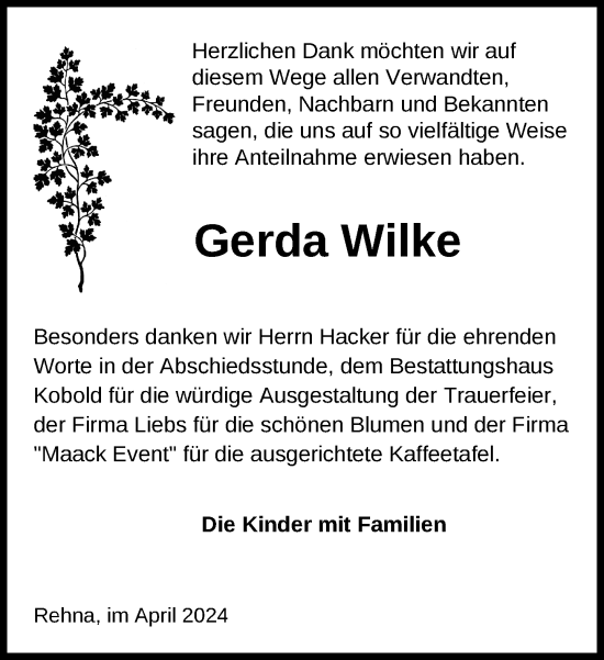 Traueranzeige von Gerda Wilke 