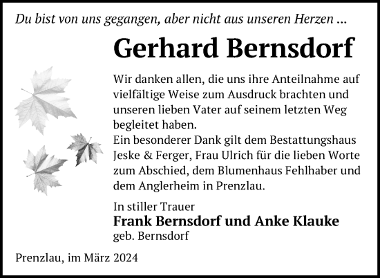 Traueranzeige von Gerhard Bernsdorf von Uckermark Kurier Prenzlauer Zeitung