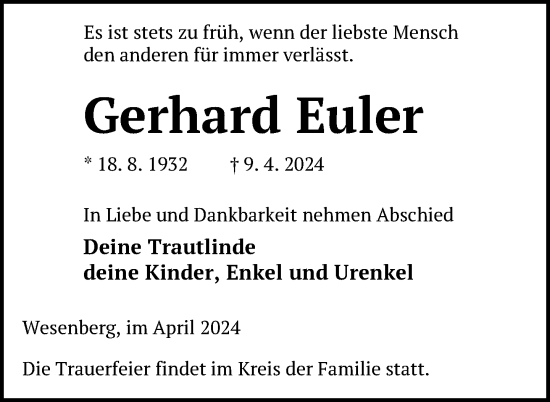 Traueranzeige von Gerhard Euler von Nordkurier Strelitzer Zeitung