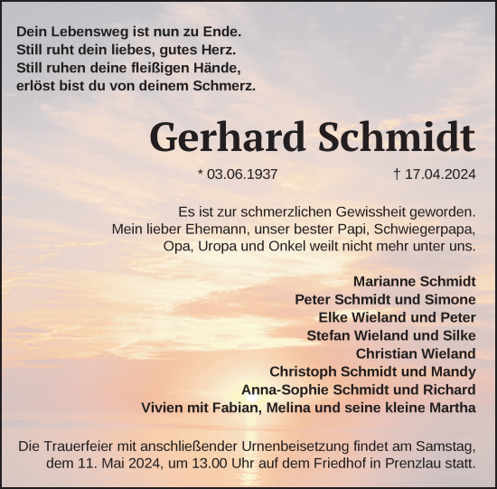 Traueranzeige von Gerhard Schmidt von Uckermark Kurier Prenzlauer Zeitung