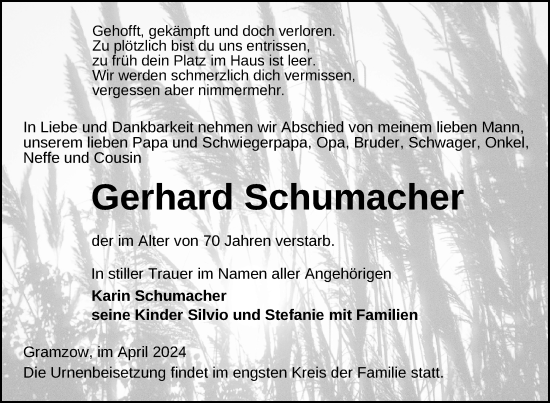 Traueranzeige von Gerhard Schumacher von Uckermark Kurier Prenzlauer Zeitung