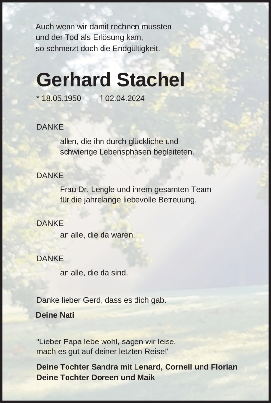 Traueranzeige von Gerhard Stachel von Nordkurier Neubrandenburger Zeitung