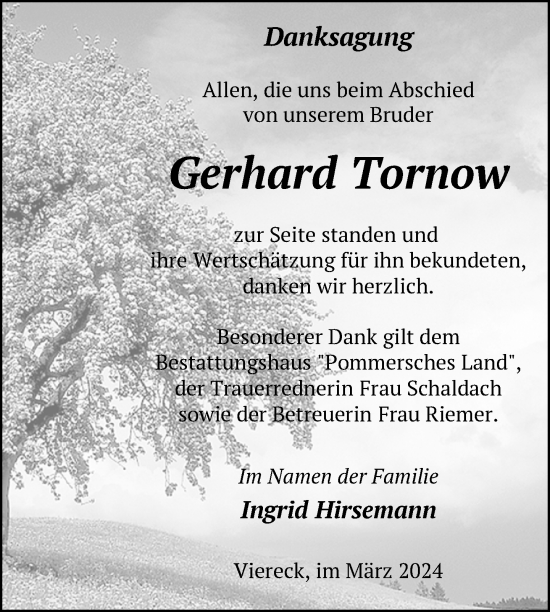 Traueranzeige von Gerhard Tornow von Nordkurier Pasewalker Zeitung