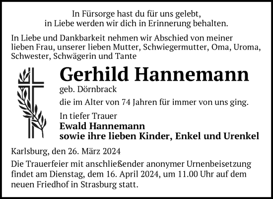 Traueranzeige von Gerhild Hannemann von Nordkurier Pasewalker Zeitung