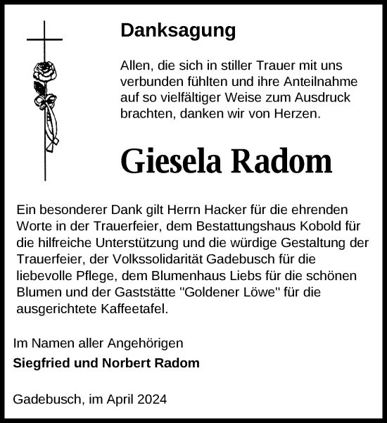 Traueranzeige von Giesela Radom 