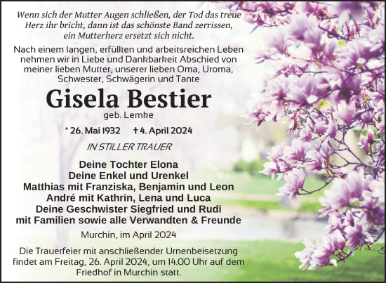 Traueranzeige von Gisela Bestier von Nordkurier Vorpommern Kurier