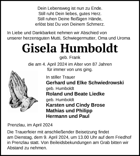 Traueranzeige von Gisela Humboldt von Uckermark Kurier Prenzlauer Zeitung