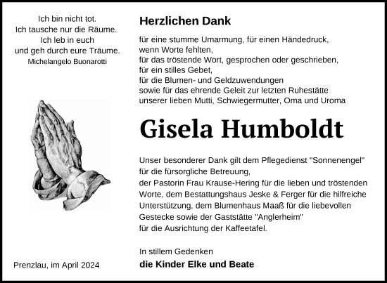 Traueranzeige von Gisela Humboldt von Nordkurier Strelitzer Zeitung