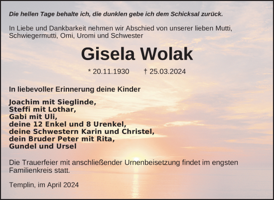 Traueranzeige von Gisela Wolak von Uckermark Kurier Templiner Zeitung