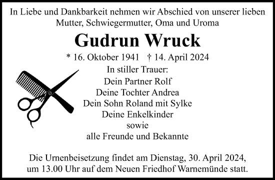 Traueranzeige von Gudrun Wruck 