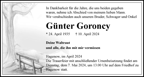 Traueranzeige von Günter Goroncy 