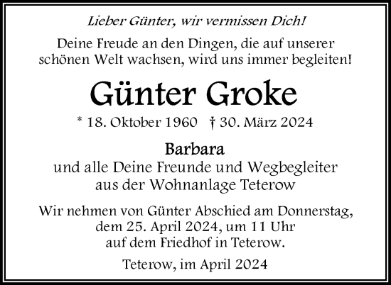 Traueranzeige von Günter Groke von Nordkurier Mecklenburger Schweiz