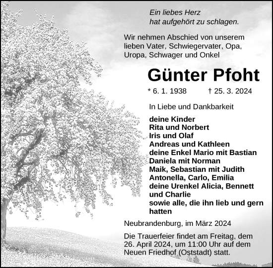 Traueranzeige von Günter Pfoht von Nordkurier Neubrandenburger Zeitung