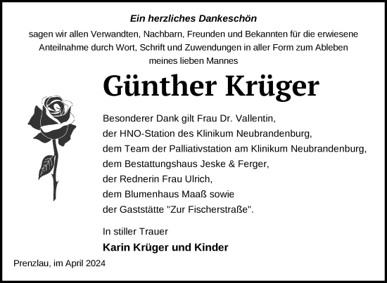 Traueranzeige von Günther Krüger von Nordkurier Neubrandenburger Zeitung
