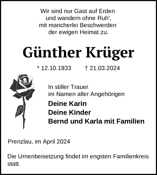 Traueranzeige von Günther Krüger von Uckermark Kurier Prenzlauer Zeitung
