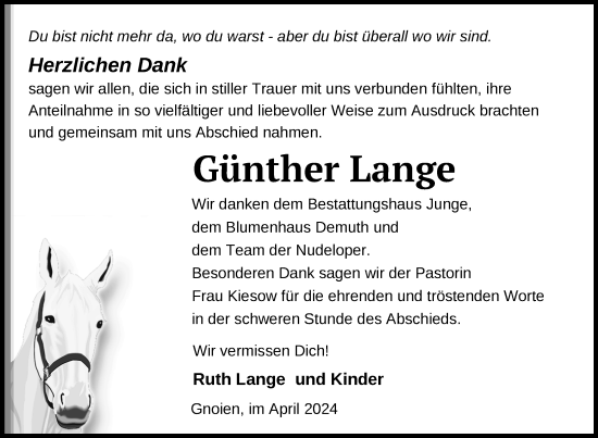 Traueranzeige von Günther Lange von Nordkurier Mecklenburger Schweiz