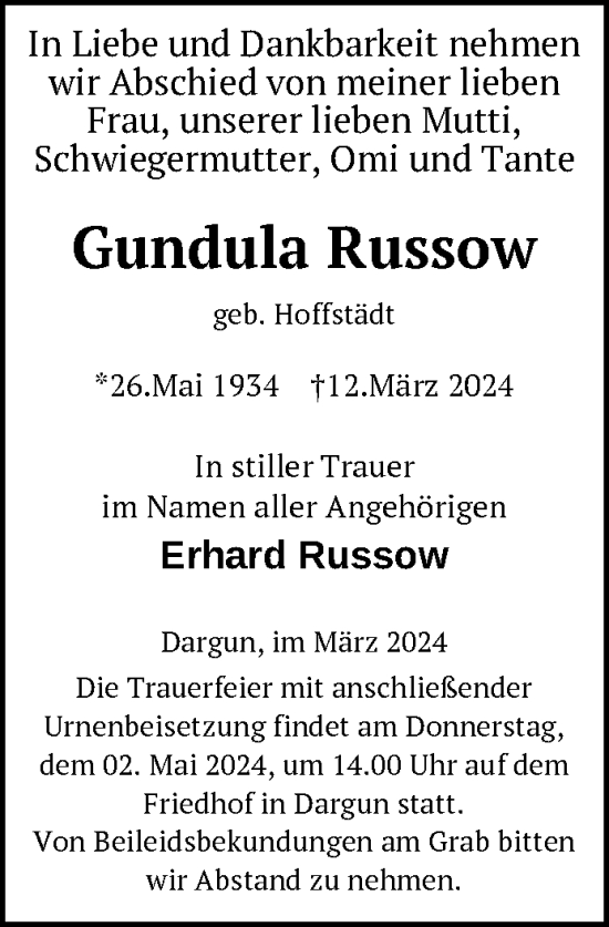 Traueranzeige von Gundula Russow von Nordkurier Mecklenburger Schweiz